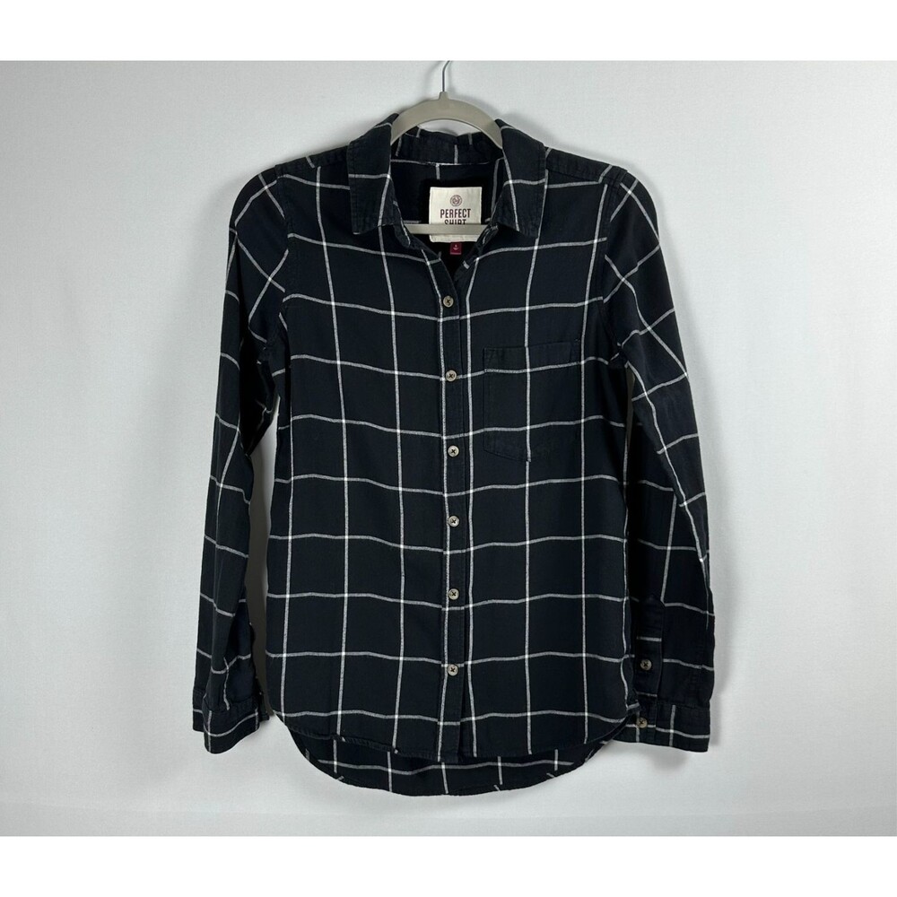 SO Windowpane Plaid Flannel Shirt S Black Long Sleeve Casual Minimalist Normcore